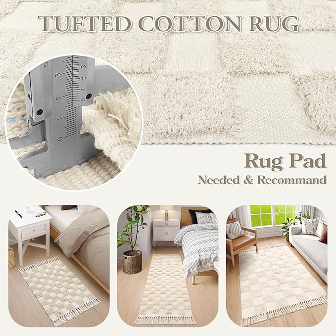Boho Checkerboard Tufted Rug – Handmade Cotton Rug with Tasseled Edges