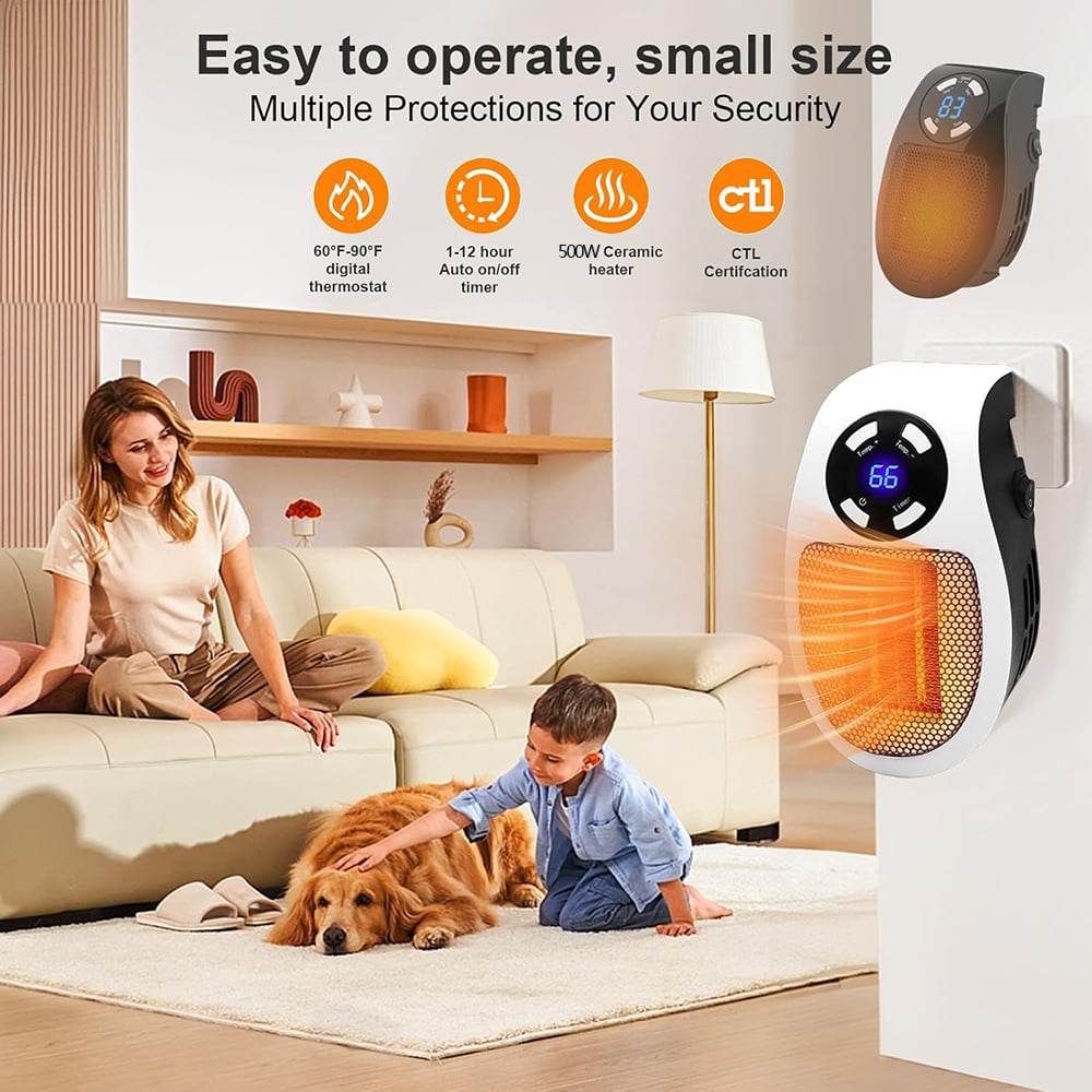 🔥 Smart Plug-In Wall Space Heater – Compact, Safe & Energy-Saving Comfort