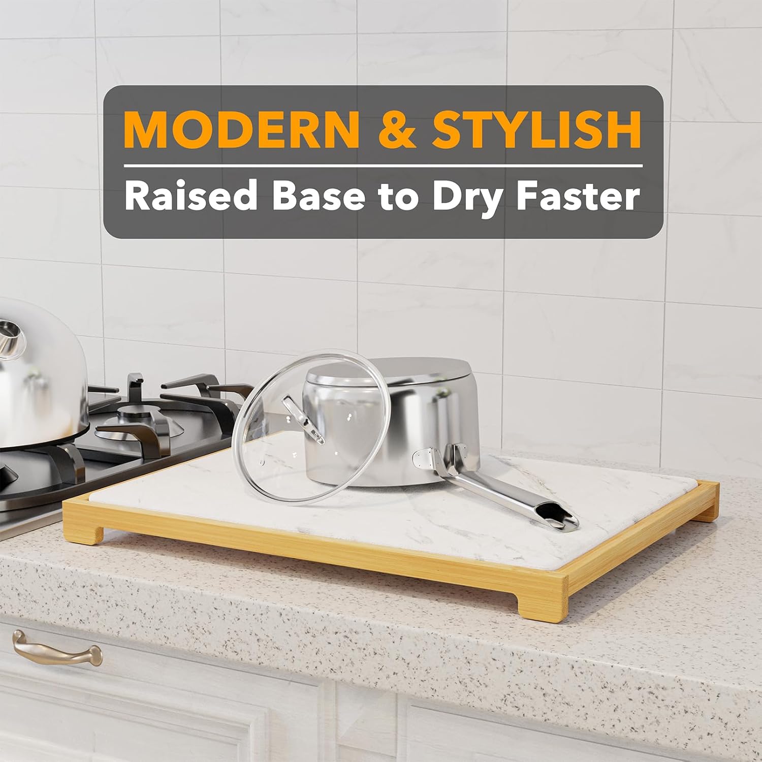 Stone Drying Mat for Kitchen Counter, Bamboo Rack Dish Pad