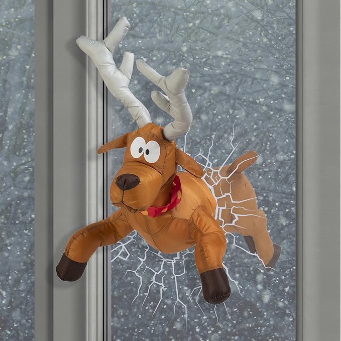 Whimsical Window Surprise: Animated Santa & Reindeer Crash Scene with Sound Activation