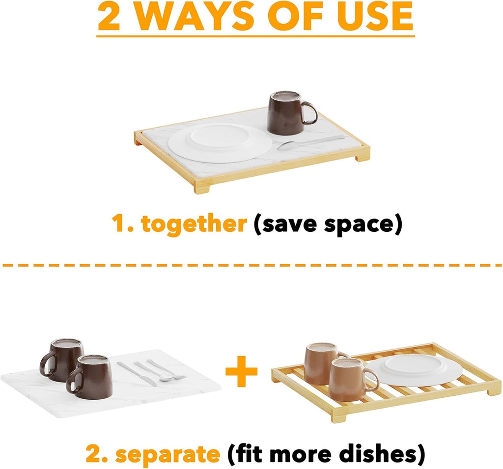 Stone Drying Mat for Kitchen Counter, Bamboo Rack Dish Pad