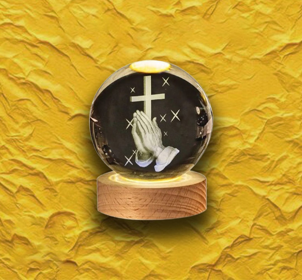 3D Engraved Crystal Ball Night Light | LED Wooden Base with Touch Switch - Perfect Gift Symbolizing Christ’s Presence