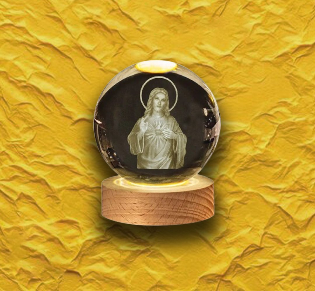 3D Engraved Crystal Ball Night Light | LED Wooden Base with Touch Switch - Perfect Gift Symbolizing Christ’s Presence