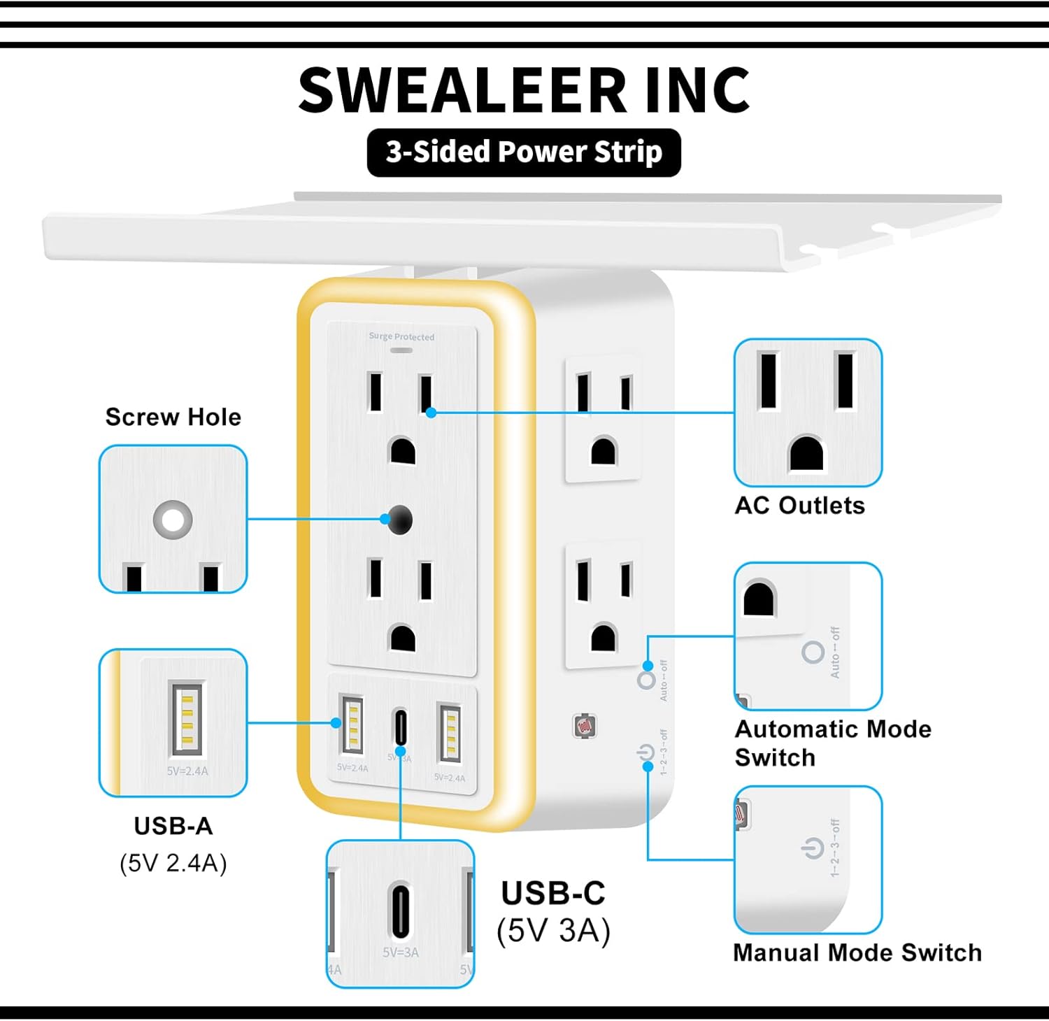 Outlet Extender, 3-Sided Power Strip, (5V 3.4A)