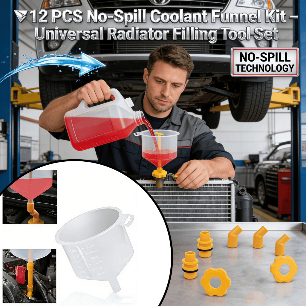 🚗12 PCS No-Spill Coolant Funnel Kit – Universal Radiator Filling Tool Set