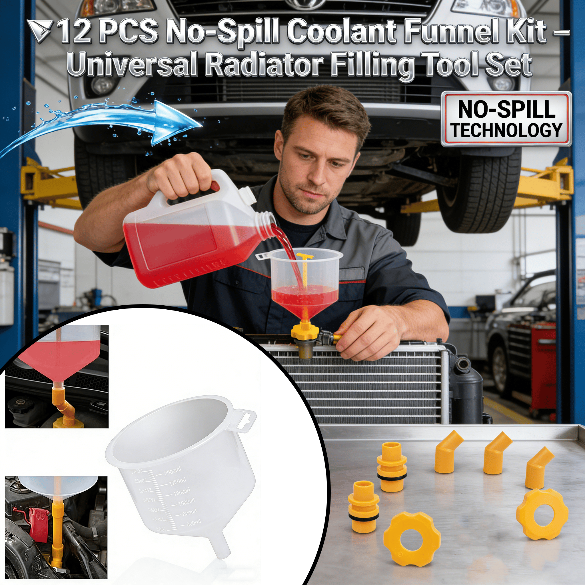 🚗12 PCS No-Spill Coolant Funnel Kit – Universal Radiator Filling Tool Set