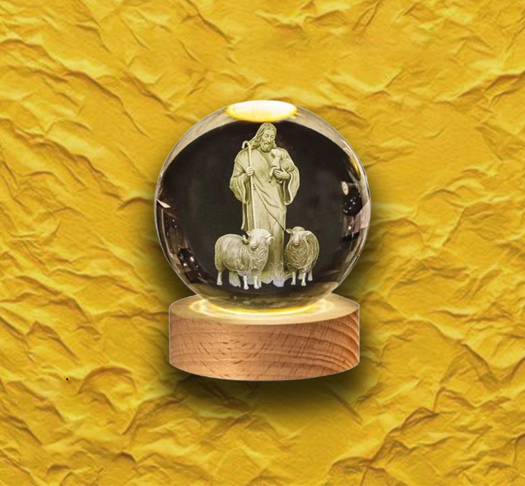 3D Engraved Crystal Ball Night Light | LED Wooden Base with Touch Switch - Perfect Gift Symbolizing Christ’s Presence