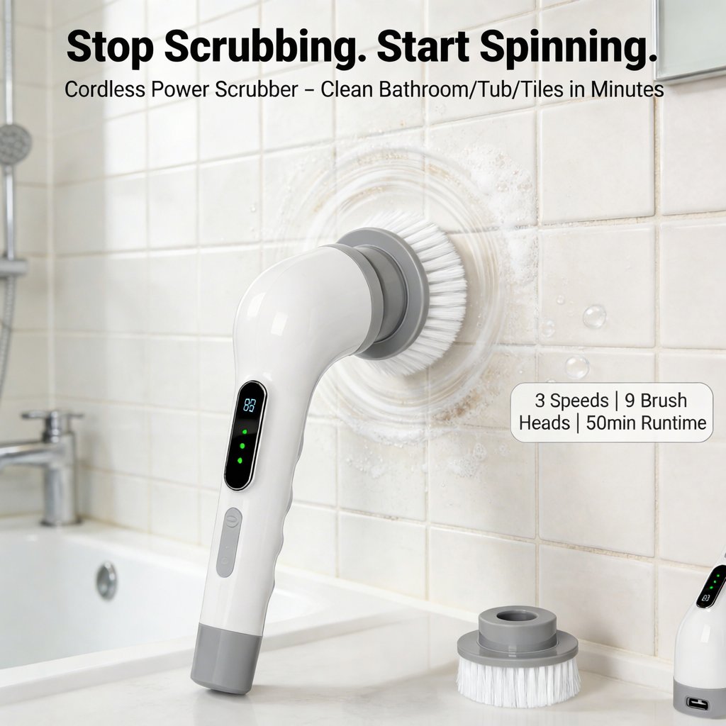 Electric Rotating Cleaning Brush-Cordless Power Scrubber with 9 Replaceable Brush Heads