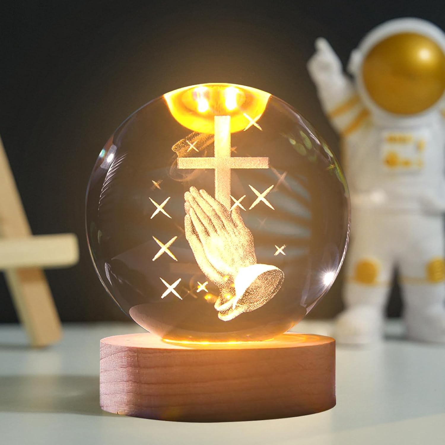 3D Engraved Crystal Ball Night Light | LED Wooden Base with Touch Switch - Perfect Gift Symbolizing Christ’s Presence