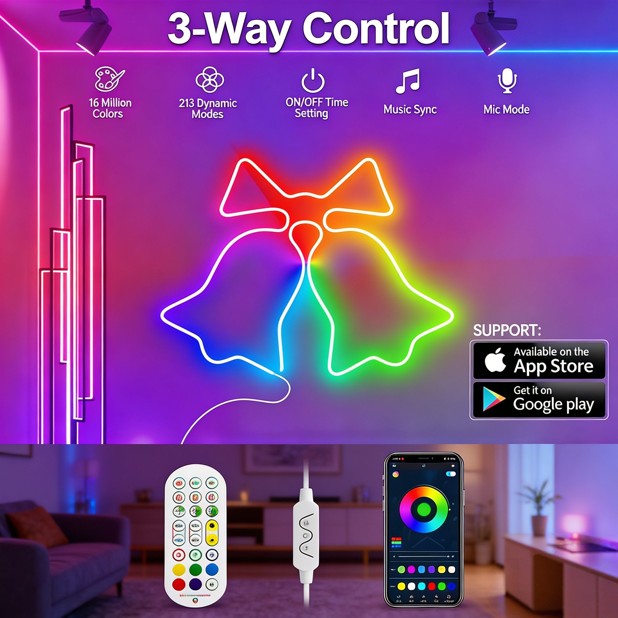 🌈9.8ft RGBICW Neon LED Strip Lights – Music Sync & App-Controlled Ambient Lighting