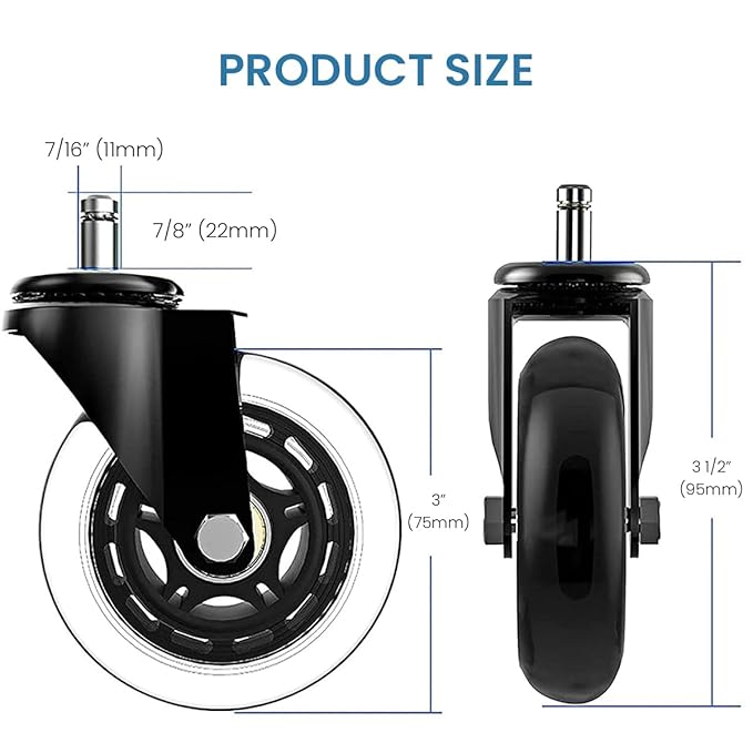 5Pcs Office Chair Casters Replacement Wheels – 3 Inches Silent and Smooth Rolling Casters