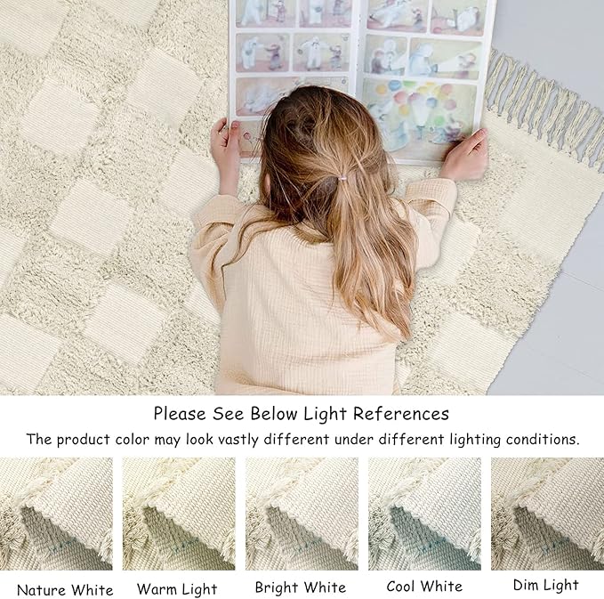 Boho Checkerboard Tufted Rug – Handmade Cotton Rug with Tasseled Edges