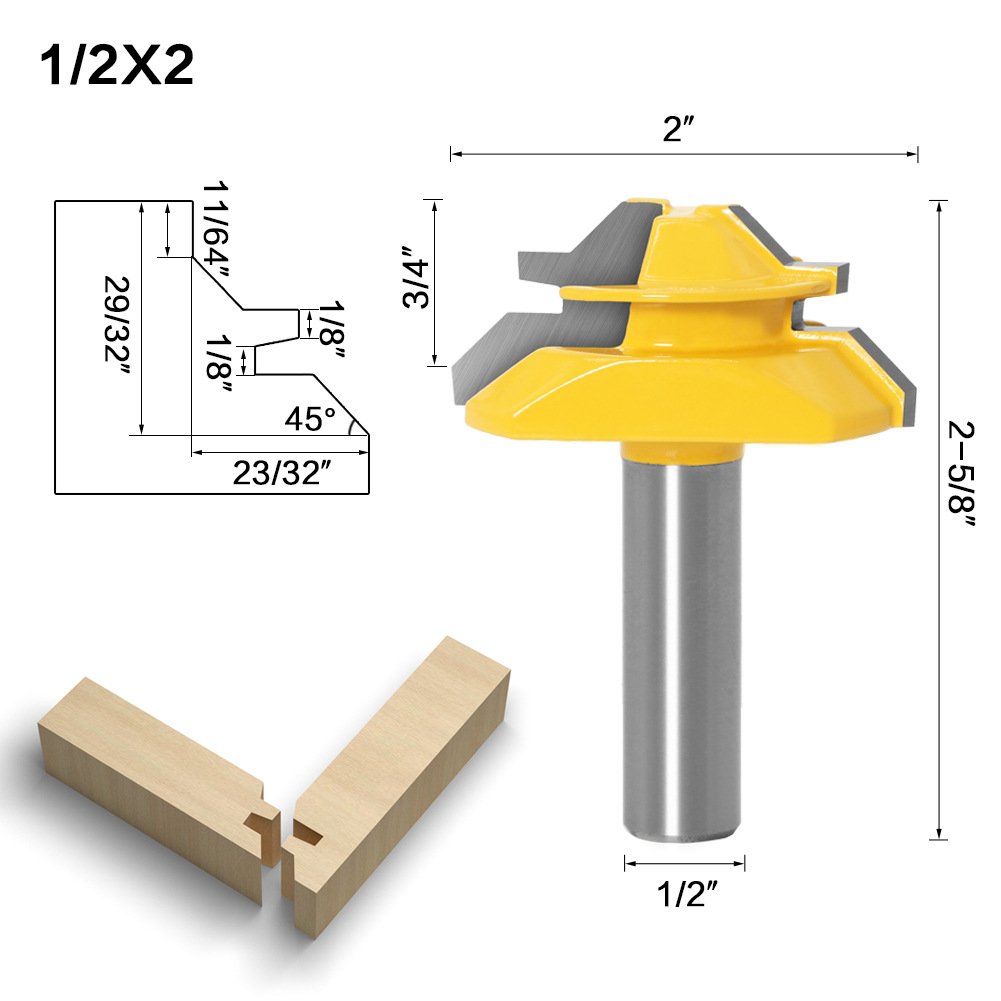 45 Degree Lock Miter Router Bit 3-Piece Set, for 1/2”, 3/4”, 1” Cutting Height, 1/2 Inch Shank.