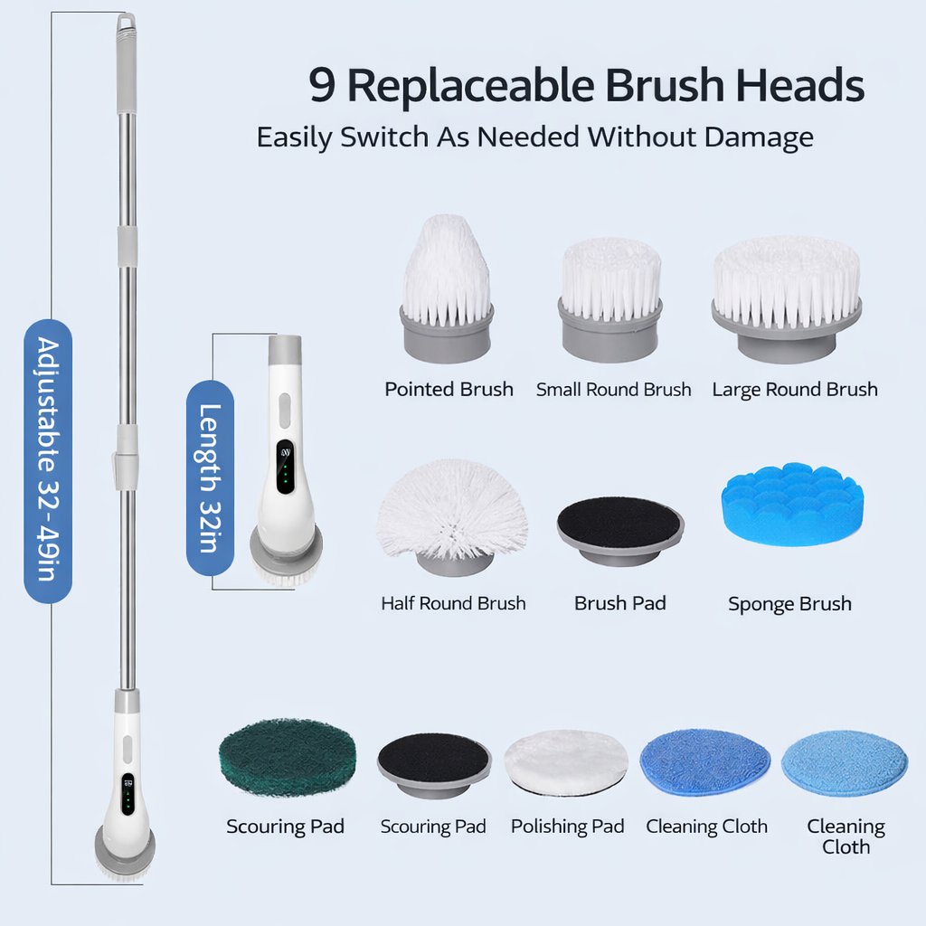 Electric Rotating Cleaning Brush-Cordless Power Scrubber with 9 Replaceable Brush Heads