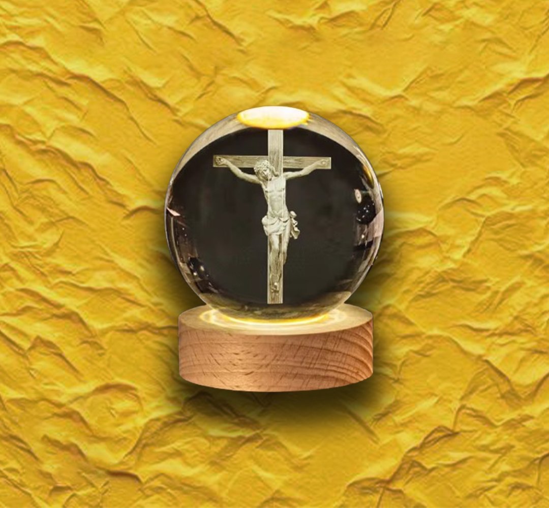 3D Engraved Crystal Ball Night Light | LED Wooden Base with Touch Switch - Perfect Gift Symbolizing Christ’s Presence