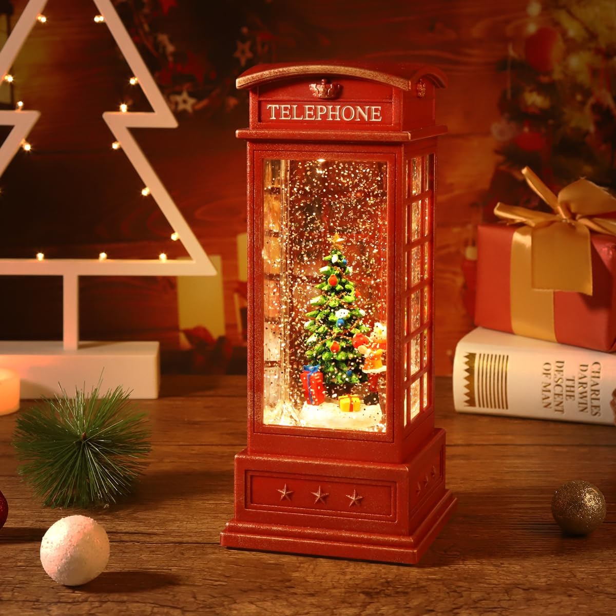 Christmas tree snow globe - glittering winter snow phone booth
