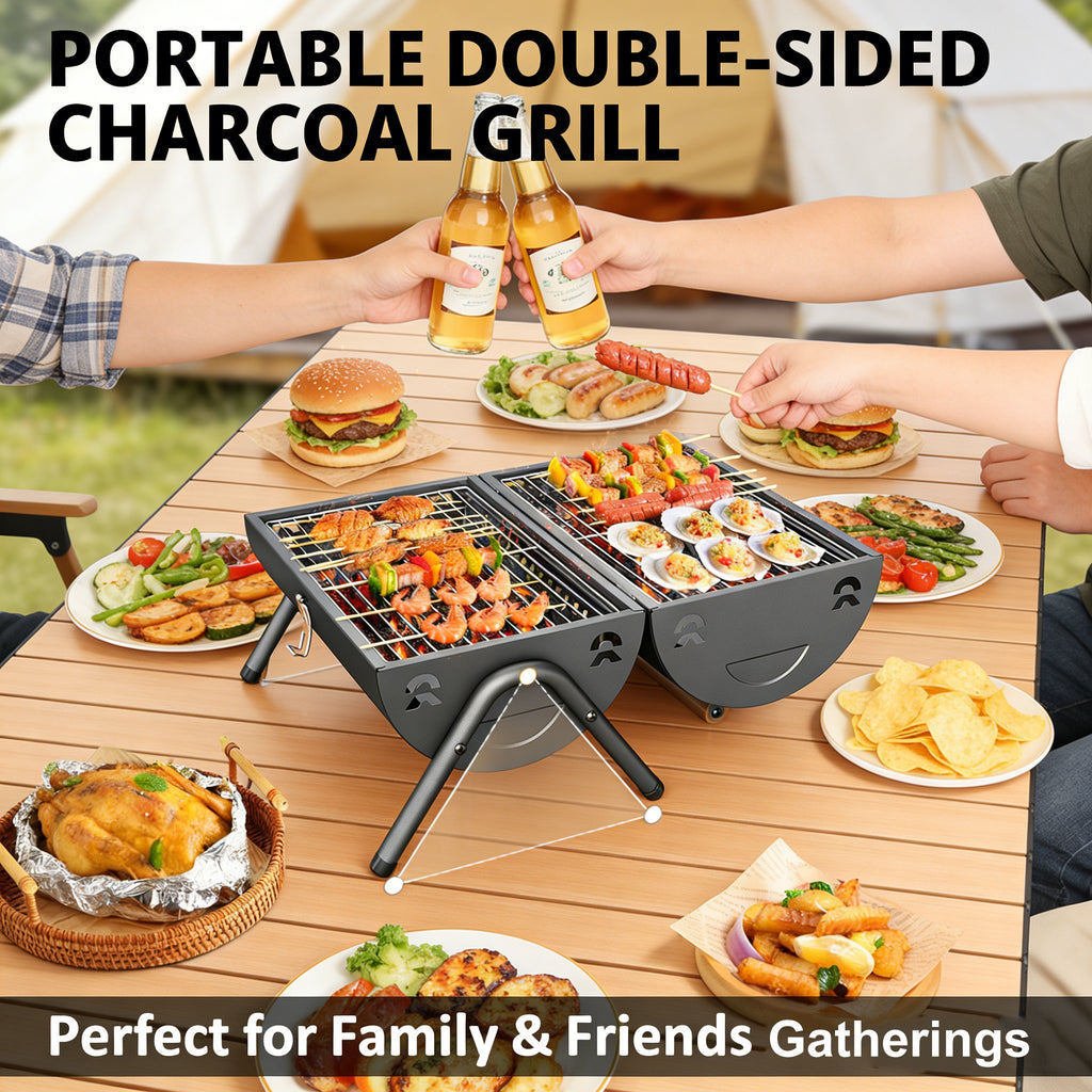 Portable Double-Sided Charcoal Grill – Compact, Sturdy, and Perfect for Grilling & Camping 🍖🔥