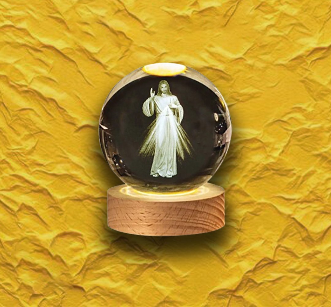 3D Engraved Crystal Ball Night Light | LED Wooden Base with Touch Switch - Perfect Gift Symbolizing Christ’s Presence