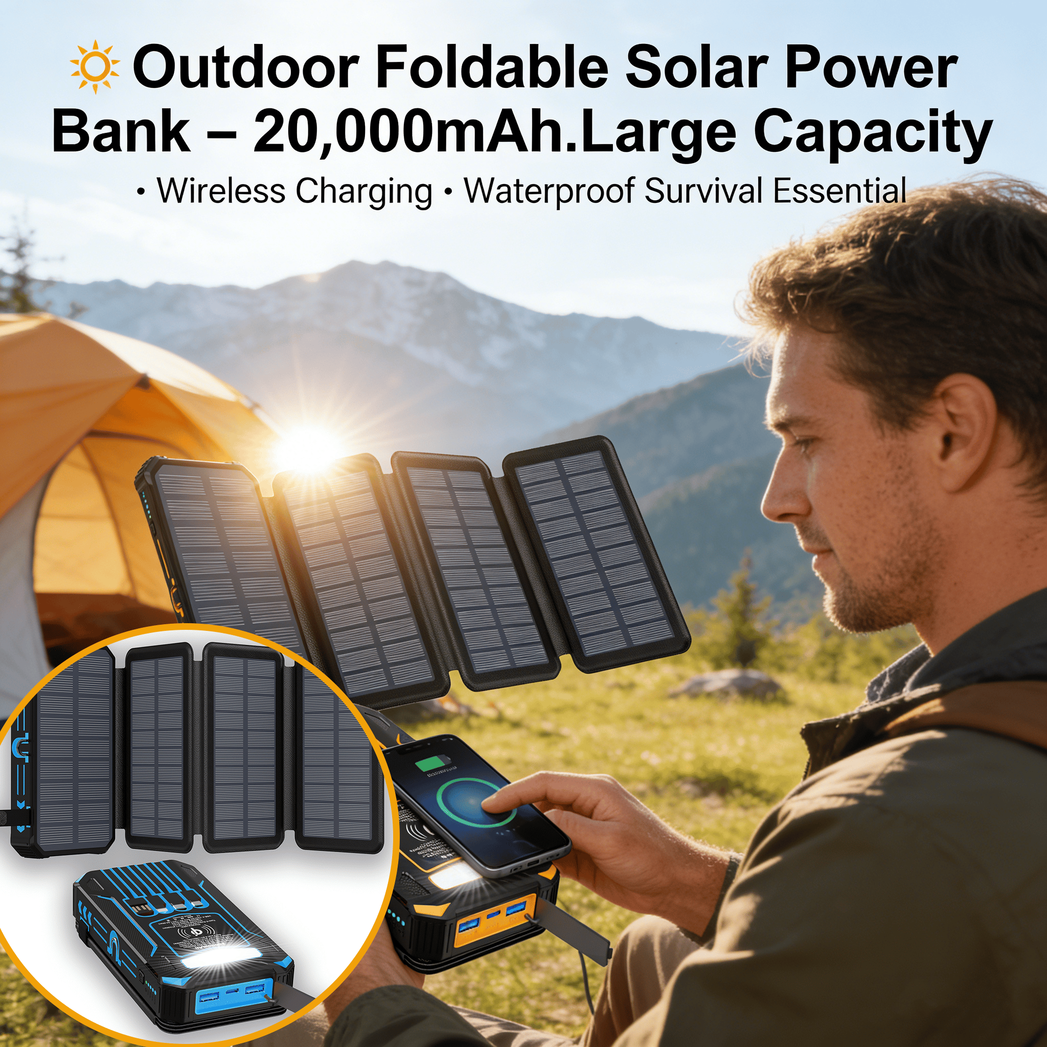🌞 Outdoor Foldable Solar Power Bank – 20,000mAh