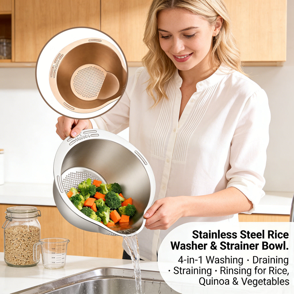 🍚 Stainless Steel Rice Washer & Strainer Bowl