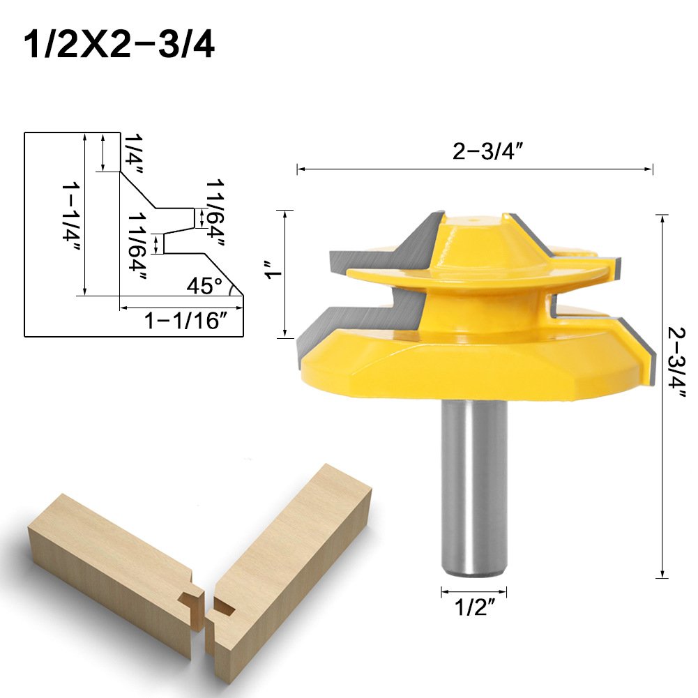 45 Degree Lock Miter Router Bit 3-Piece Set, for 1/2”, 3/4”, 1” Cutting Height, 1/2 Inch Shank.