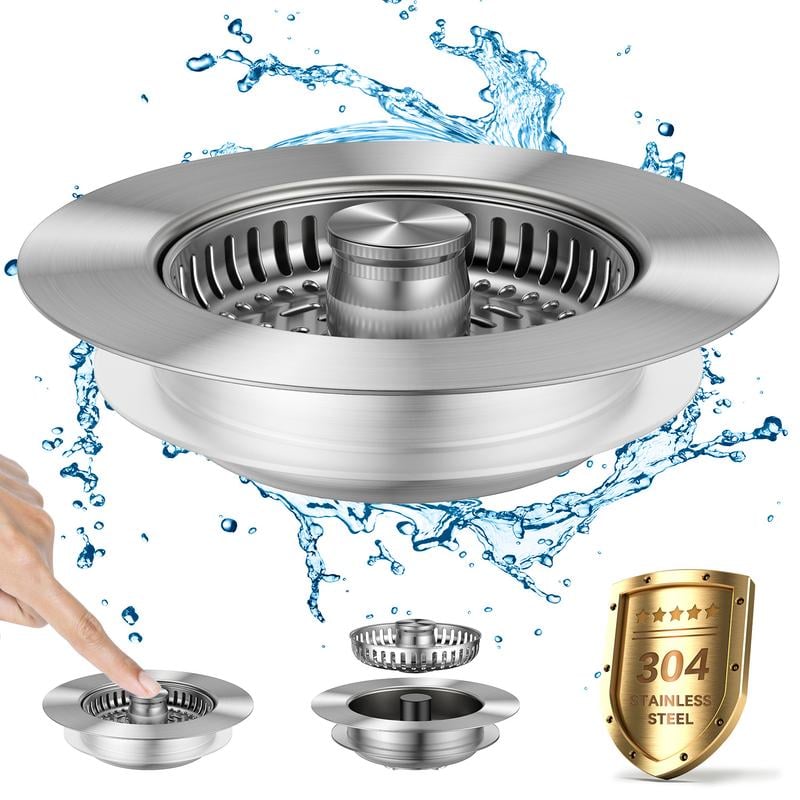 3-in-1 Kitchen Sink Drain Strainer,Stainless Steel Sink Plug, Deodorizing Anti-ClogBasket Strainer for US Standard 3-1/2 Inch Drains