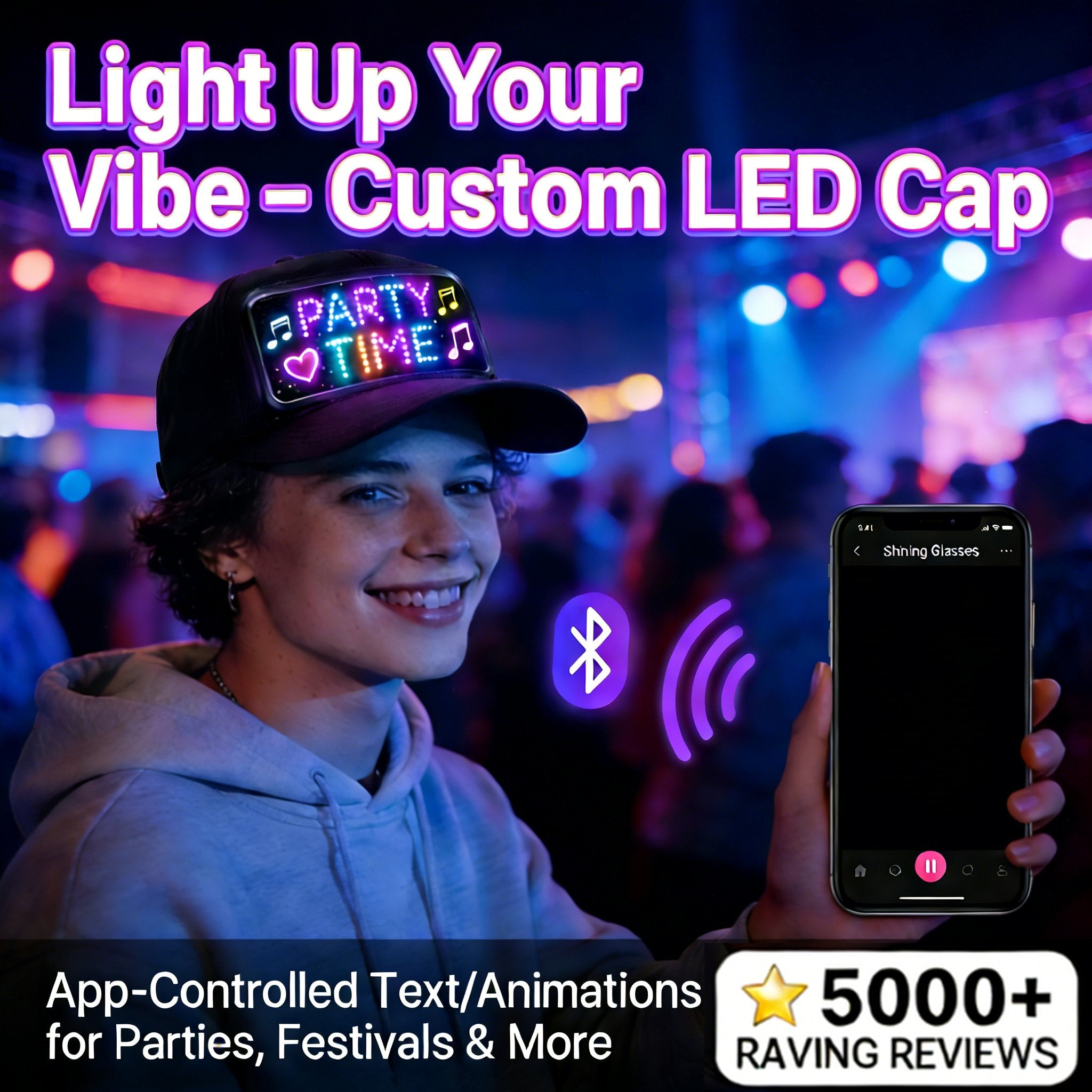 LED Cap - Multi-Language App Controlled Light-Up Hat (Text, Music, Image, Drawing) for Party, Club, Christmas, Halloween & More!
