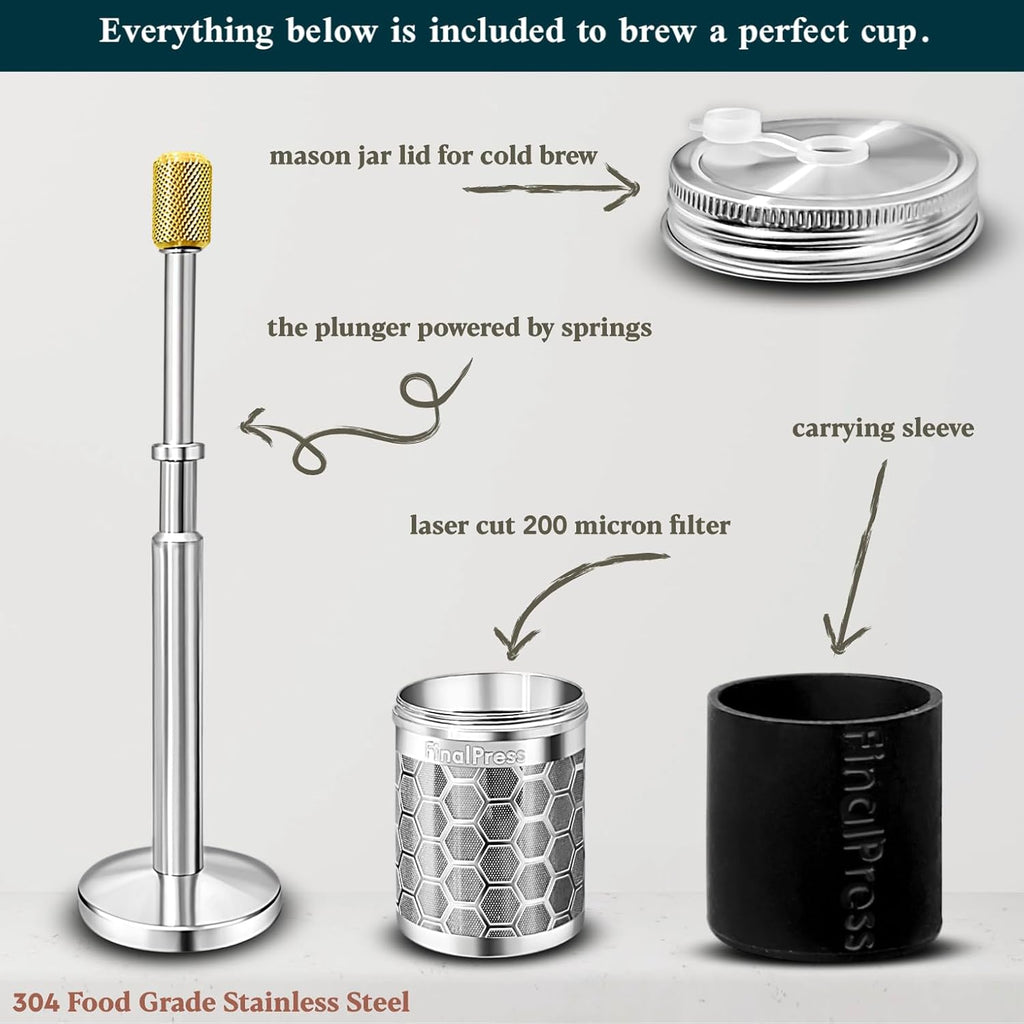 Premium Coffee and Tea Maker - Press the Plunger to Brew Anywhere - 304 Stainless Steel