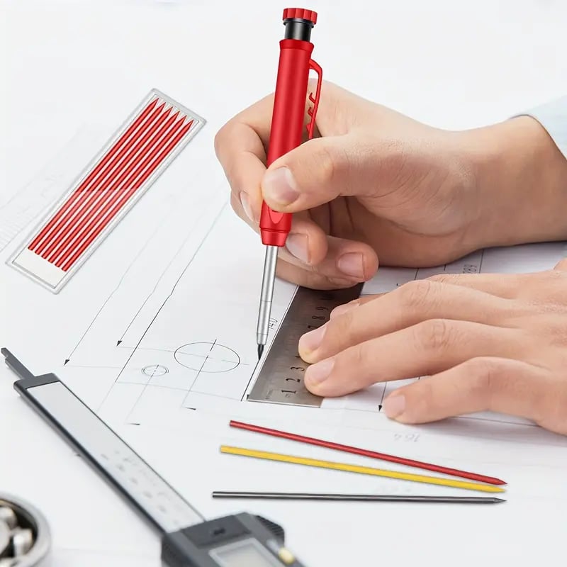Heavy-Duty Carpenter Pencil with 21 Refill Leads & Built-In Sharpener – Ideal for Precision Marking in Woodworking, Metal, Concrete, and More