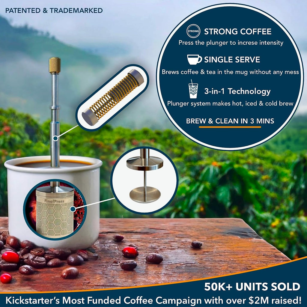 Premium Coffee and Tea Maker - Press the Plunger to Brew Anywhere - 304 Stainless Steel