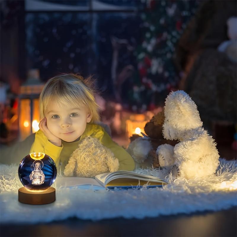 3D Engraved Crystal Ball Night Light | LED Wooden Base with Touch Switch - Perfect Gift Symbolizing Christ’s Presence
