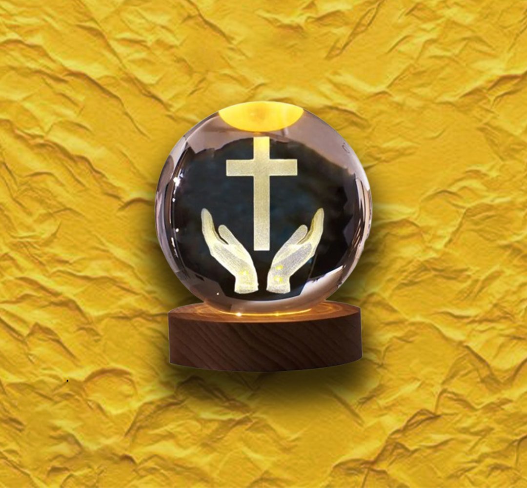 3D Engraved Crystal Ball Night Light | LED Wooden Base with Touch Switch - Perfect Gift Symbolizing Christ’s Presence