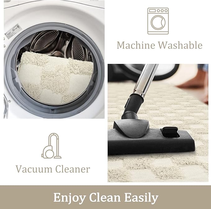 Boho Checkerboard Tufted Rug – Handmade Cotton Rug with Tasseled Edges