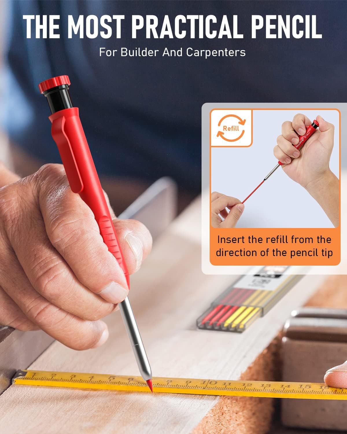Heavy-Duty Carpenter Pencil with 21 Refill Leads & Built-In Sharpener – Ideal for Precision Marking in Woodworking, Metal, Concrete, and More