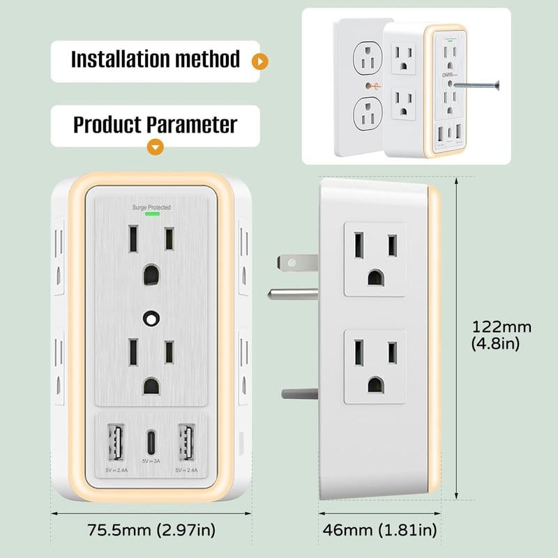 Outlet Extender, 3-Sided Power Strip, (5V 3.4A)