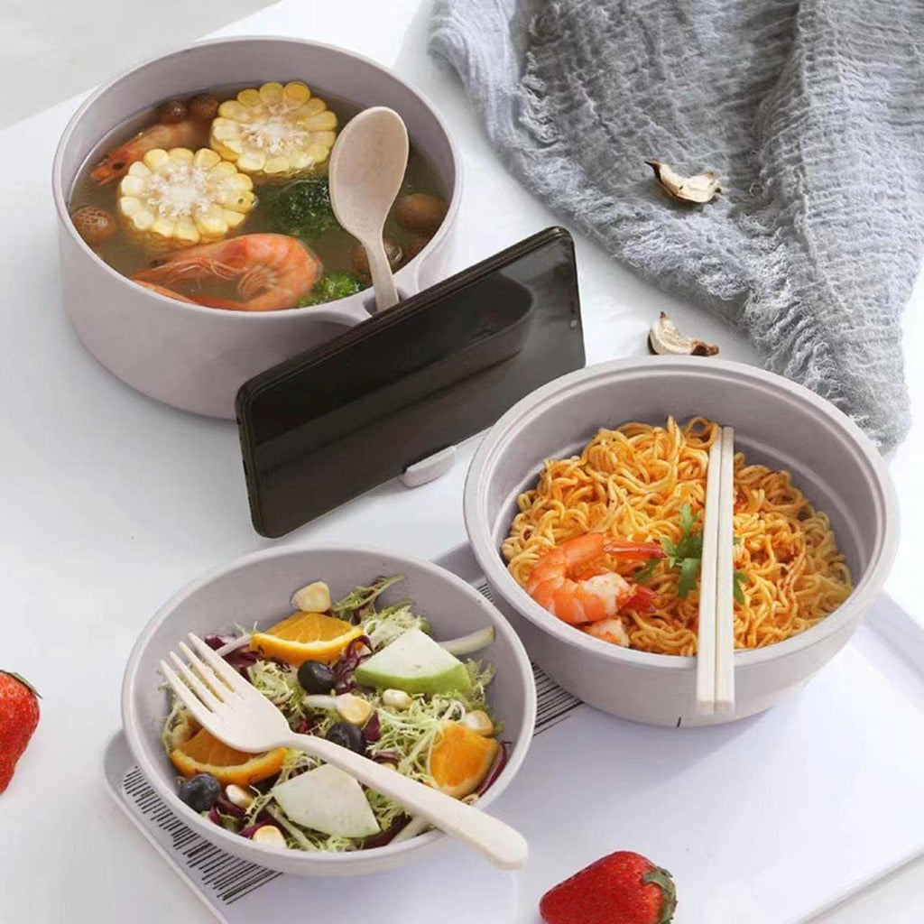 Title: Microwave Ramen Bowl Set – Wheat Straw Instant Noodle Bowl with Handles, Spoon, Chopsticks, Fork